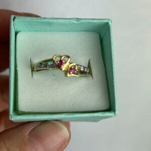 925 Double Heart Gold Over Silver Ruby and CZ Created Ring size 7